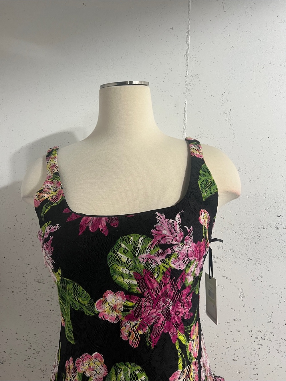 Kensie Black Lace Dress with Pink Floral & Green Leaf Print - Picture 3 of 7
